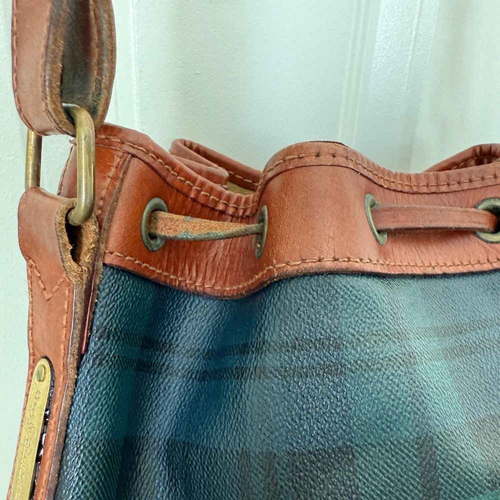 Vintage Polo RALPH LAUREN Green Tartan Plaid Leather Drawstring Bucket Bag 90s - Picture 10 of 16